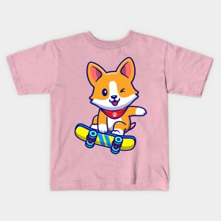 Cute Corgi Dog Playing Skateboard Cartoon Kids T-Shirt